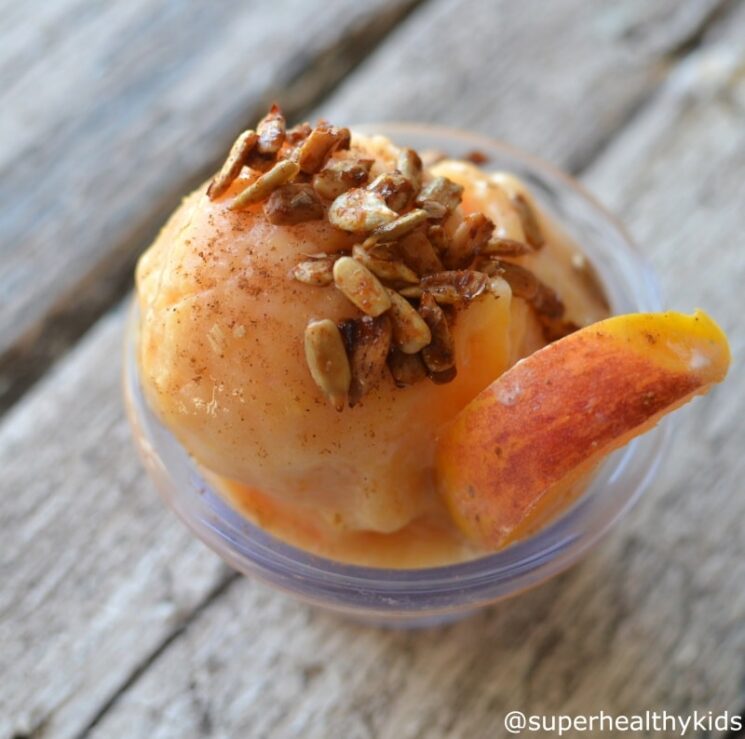 Honey Roasted Cinnamon Sunflower Seeds with Peach Sorbet Recipe. PEACH SORBET sprinkled with honey roasted sunflower seeds!! Great for kids with nut allergies!